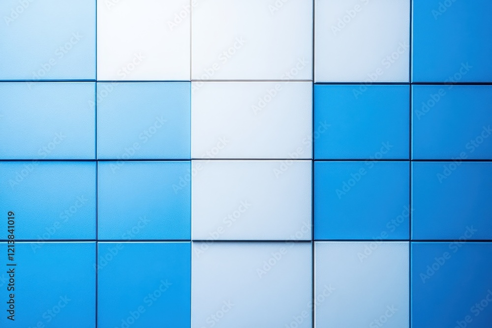 Poster exploring the calming vibes of geometric blue tiles in a modern interior space with a soothing aesth