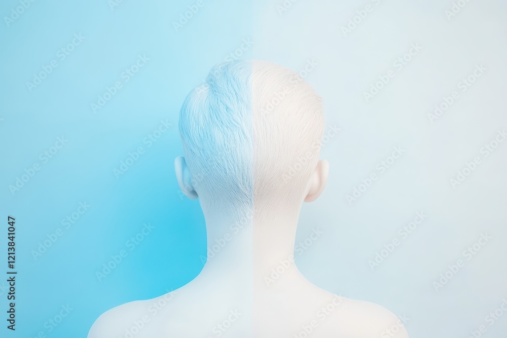 Poster exploring duality with a sculptural representation in soft hues contrasting light and color. generat