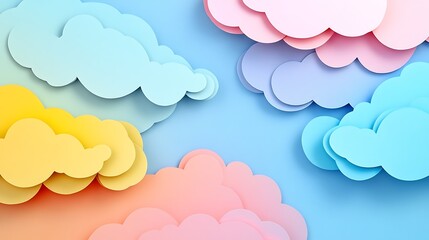 An abstract paper cut of colorful clouds symbolizing uplifting thoughts, with subtle textures and gentle highlights, against a serene backdrop, with the space for text.