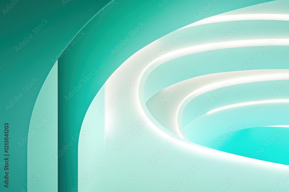 Poster modern architectural design featuring dynamic curves and soothing turquoise lighting within a contem