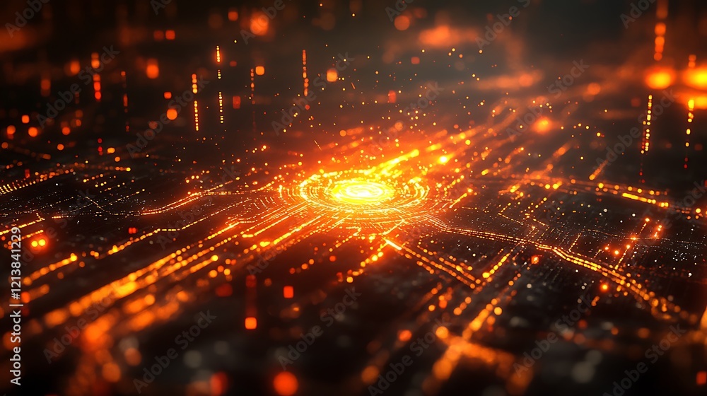 Wall mural glowing energy core in a digital space with flowing data and light trails