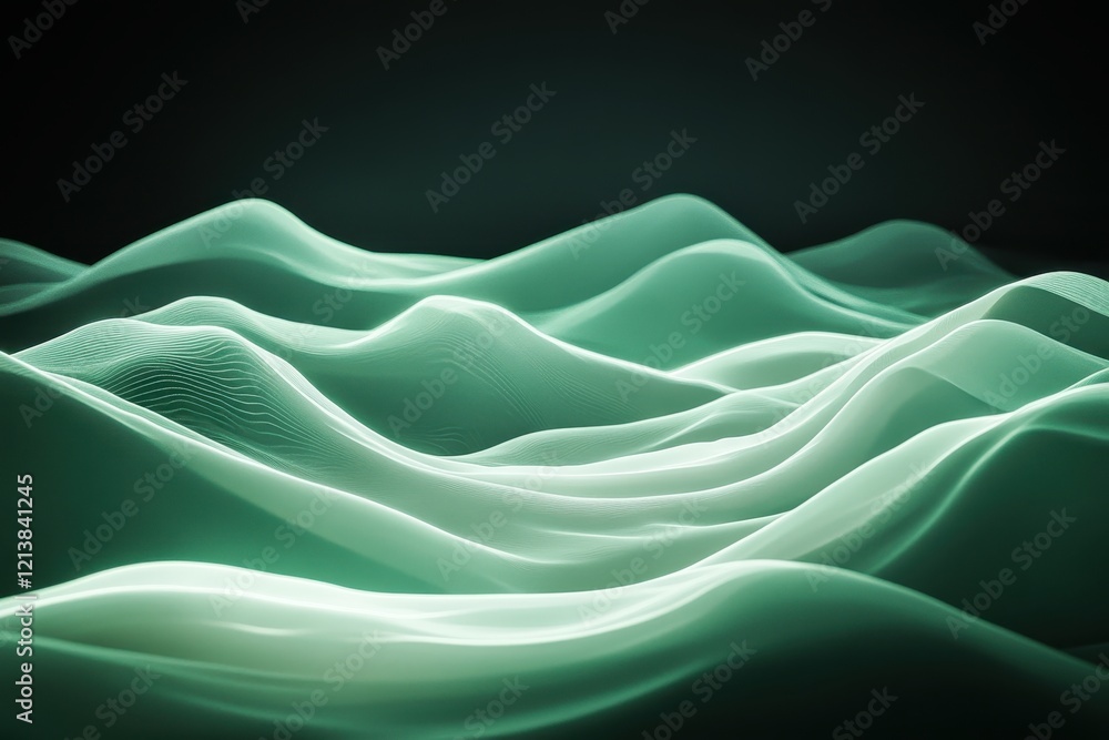 Poster fluid waves of green light create a mesmerizing landscape in a digital realm at dusk. generative ai