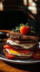 Gourmet breakfast sandwich with egg, tomato, and herbs.