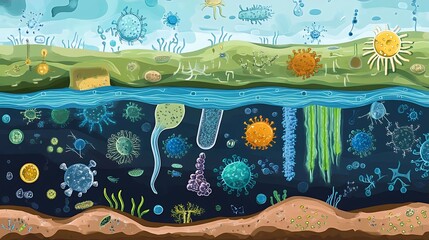 Microscopic World Aquatic Life Diverse Microorganisms Illustration