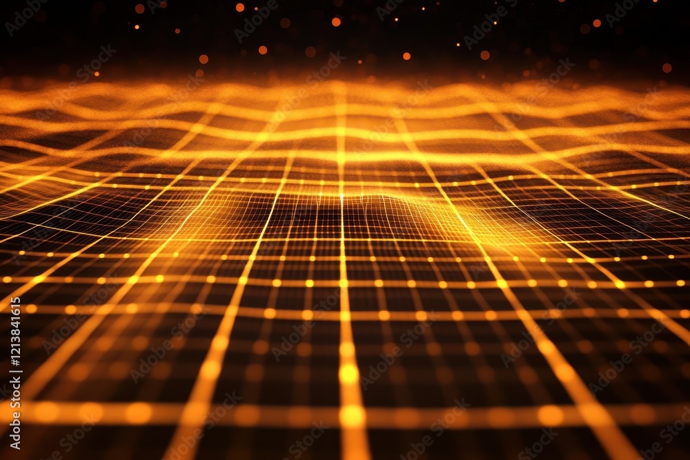 Poster intricate golden wave patterns shimmering in a digital landscape at twilight. generative ai