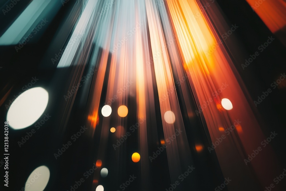 Poster ethereal light beams cascade through a vibrant urban landscape at twilight, creating a mesmerizing b