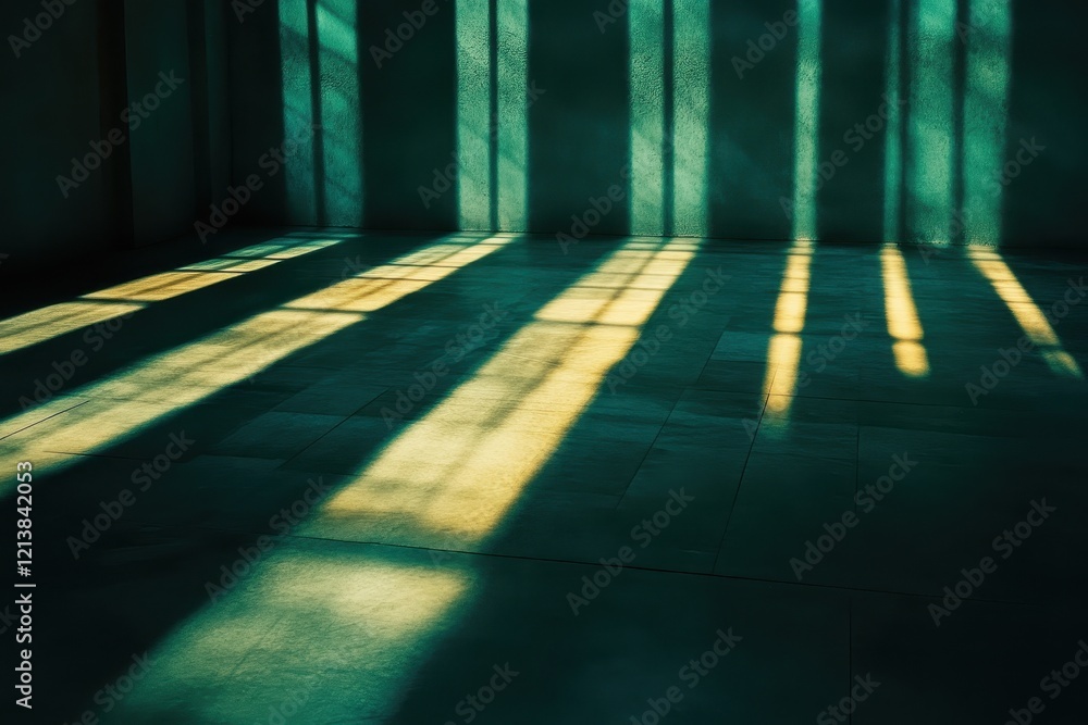 Poster shadows dance in a sunlit room, weaving patterns of light and darkness across the floor in an enchan