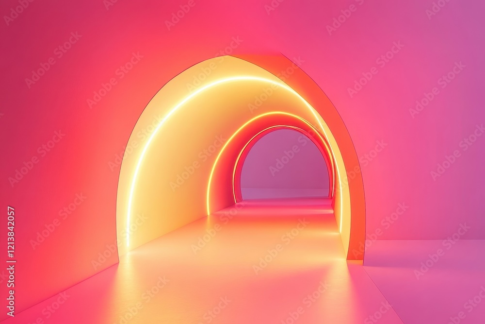 Poster vibrant lighted arches create an inviting pathway in a modern artistic space during twilight hours. 