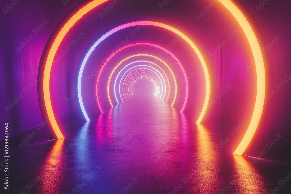 Poster colorful neon tunnel illuminated by vibrant glowing circles at night creating a surreal atmosphere i