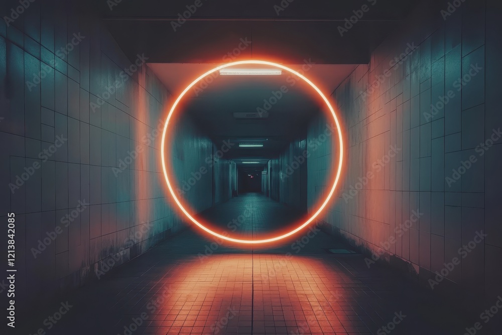 Aufkleber mysterious neon circle illuminates an empty corridor in a dimly lit underground space at twilight. g
