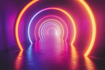 Fototapeta premium Colorful neon tunnel illuminated by vibrant glowing circles at night creating a surreal atmosphere inviting exploration. Generative AI