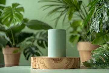 Green cylinder mockup on wooden stand among plants.