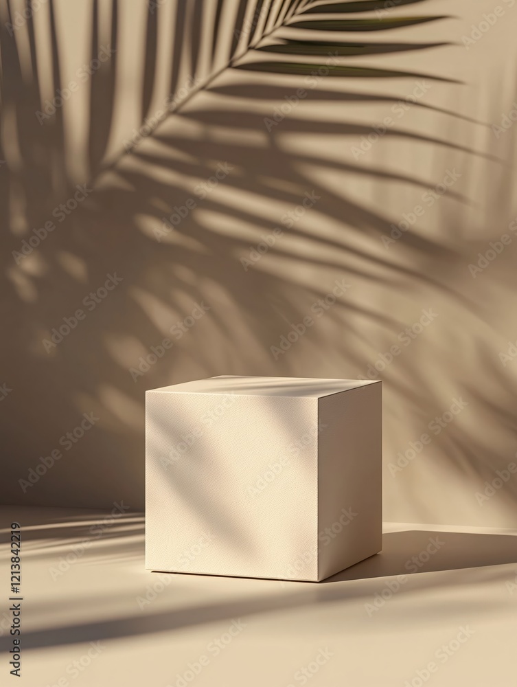 Aufkleber Minimalist product display with soft light and palm leaf shadow on a beige background