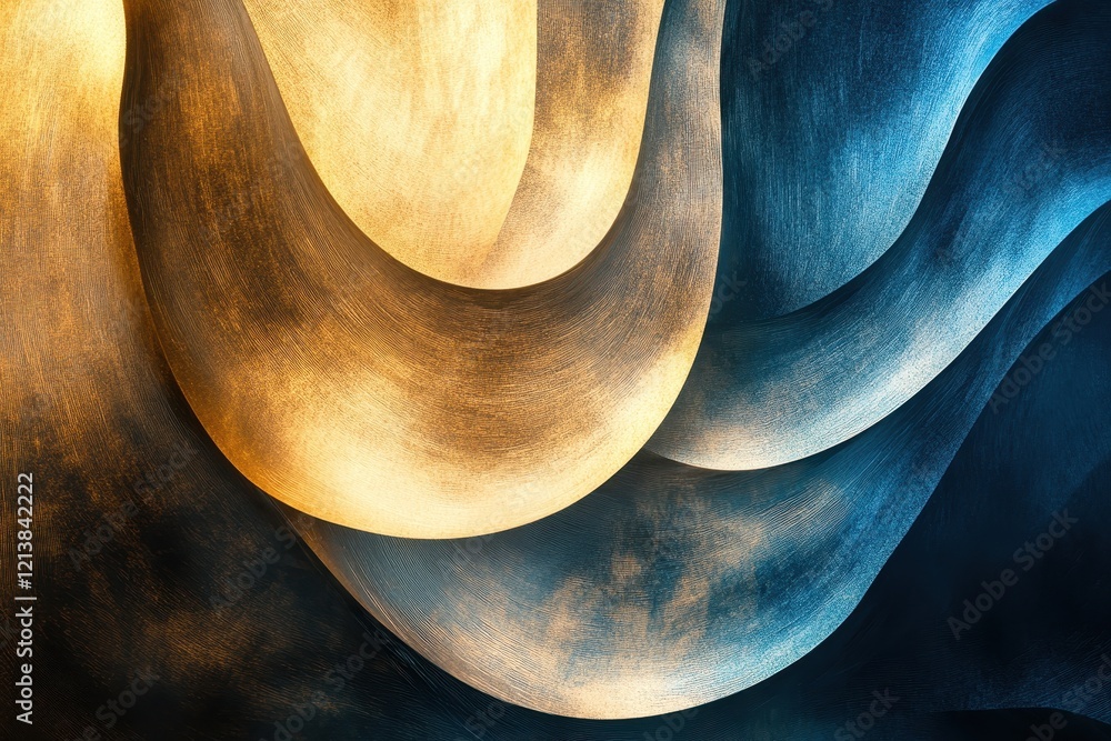 Poster swirls of golden and blue hues intertwine in a mesmerizing display of abstract artistry and texture.
