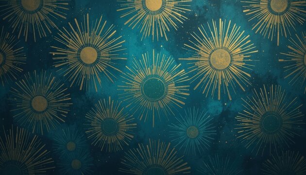 Golden sunburst motifs radiate from a rich navy blue background, forming an enchanting celestial pattern that inspires tranquility and awe. A stunning fusion of light and color