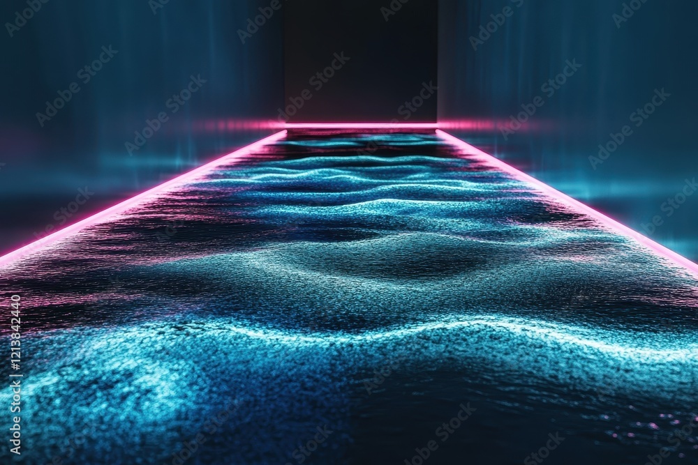 Poster discovering a surreal pathway filled with vibrant waves of light and color in a futuristic environme