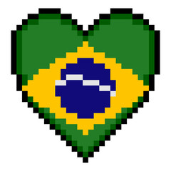 Brazil flag with heart shape in pixel art style