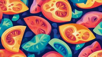 Naklejka premium Vibrant Slices of Tomatoes and Citrus Fruits on Dark Background: A Colorful Abstract Food Illustration