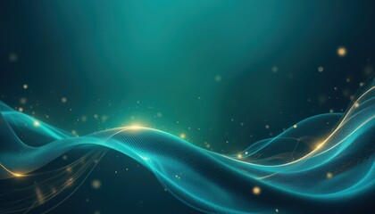 Soft waves of teal and gold create a mesmerizing flow, casting a dreamlike aura in a tranquil atmosphere. Tiny orbs of light flicker, enhancing the ethereal beauty of the scene