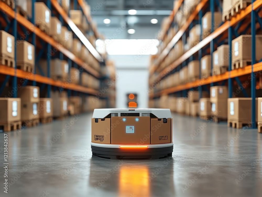 Poster a warehouse robot navigates among stacked boxes, showcasing automation in logistics and efficient in