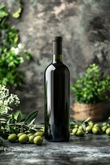 Obraz premium Dark Glass Wine Bottle with Olives and Green Leaves on Textured Surface Still Life