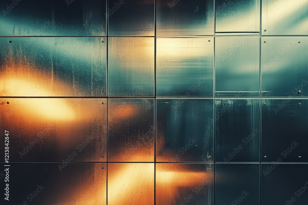Poster shimmering reflections on a metallic surface create an abstract dance of light and texture in urban 