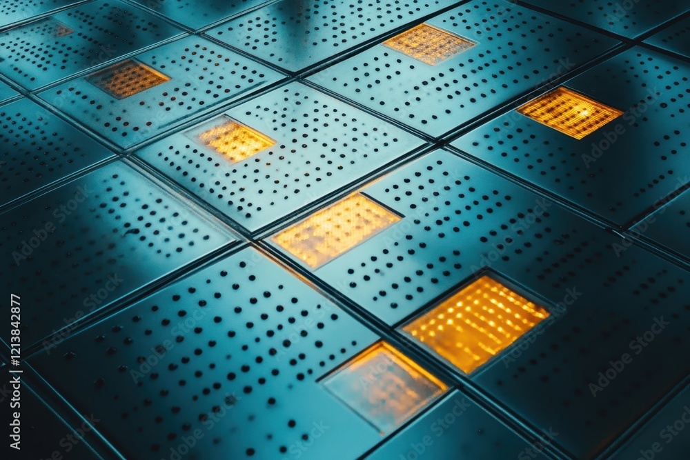 Poster innovative flooring design showcases glowing patterns in a modern architectural space. generative ai