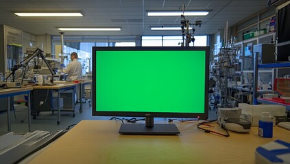 Green screen monitor in a laboratory.