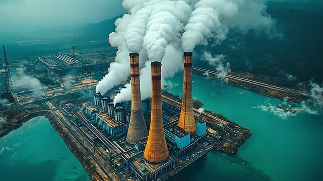 Industrial Smokestacks: An aerial perspective of towering smokestacks belching thick plumes of smoke into the atmosphere, symbolizing the environmental impact of industrial activity.