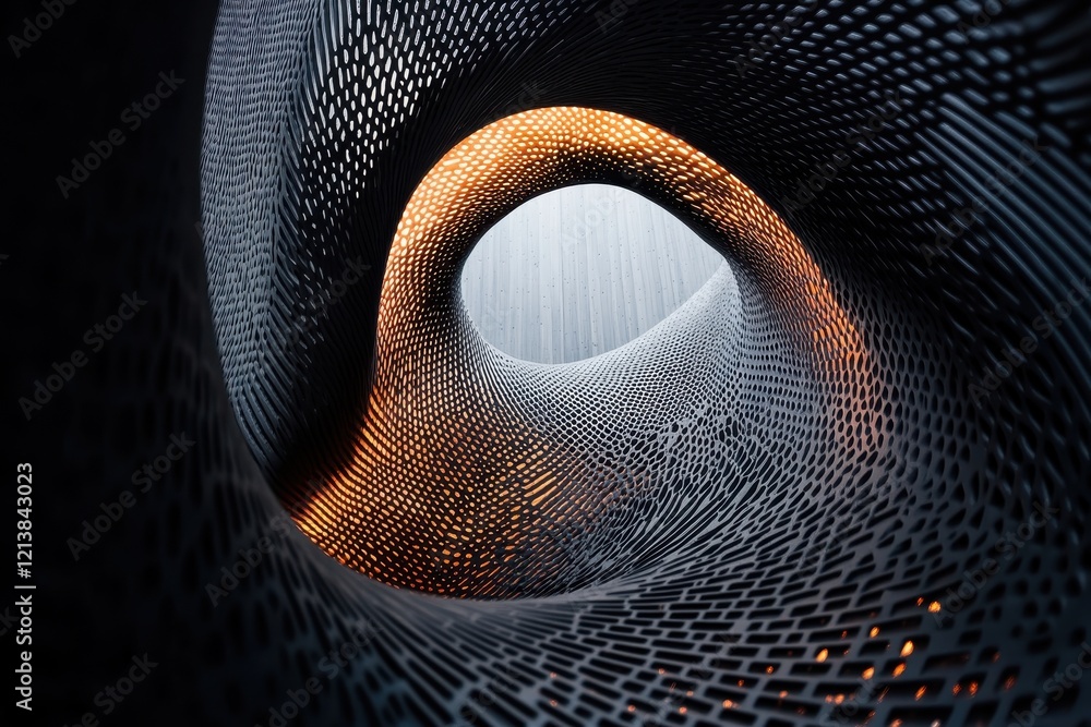 Poster exploration of intricate patterns and light in an abstract geometric tunnel during a serene twilight
