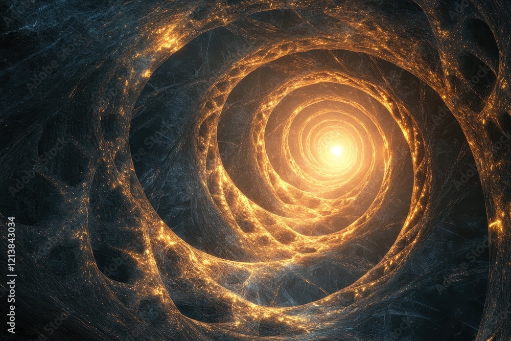 Poster whirling golden spiral transports viewers into a mesmerizing cosmic journey through an abstract real