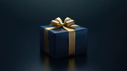 Fototapeta premium Dark blue gift box, gold satin ribbon on dark background. Ideal for holiday or Christmas present with copy space.