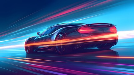 Futuristic sports car speeding along a neon-lit highway, with colorful lights and motion trails.