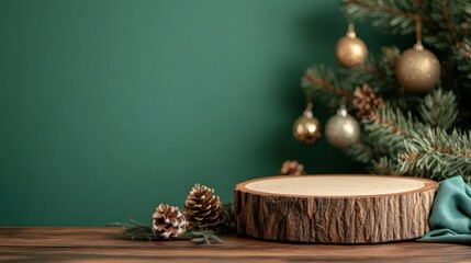Wooden Christmas product display, green background