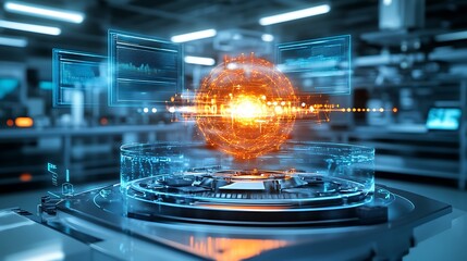 Glowing energy core inside a high-tech lab surrounded by floating digital panels