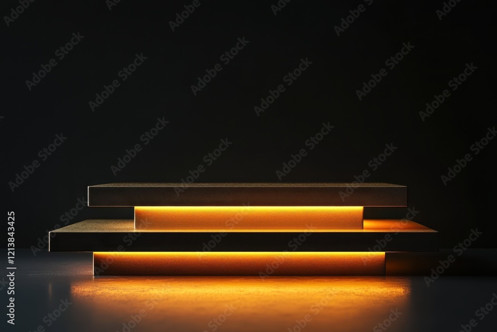 Poster illuminated geometric shelves create a striking focal point against a dark backdrop in a modern inte