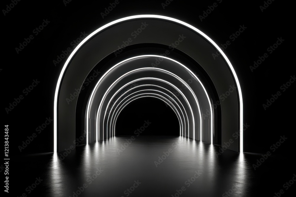 Poster illuminated archways create a mesmerizing pathway in a darkened space, inviting exploration and wond