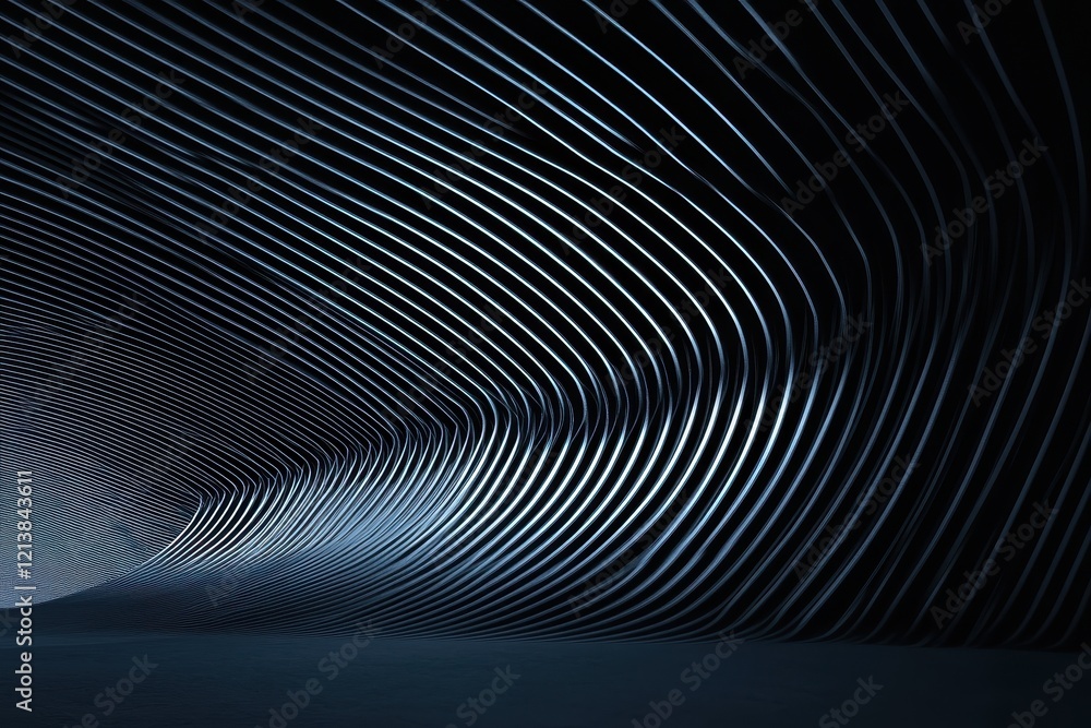 Poster curving lines and waves create a mesmerizing atmosphere in a dimly lit corridor. generative ai