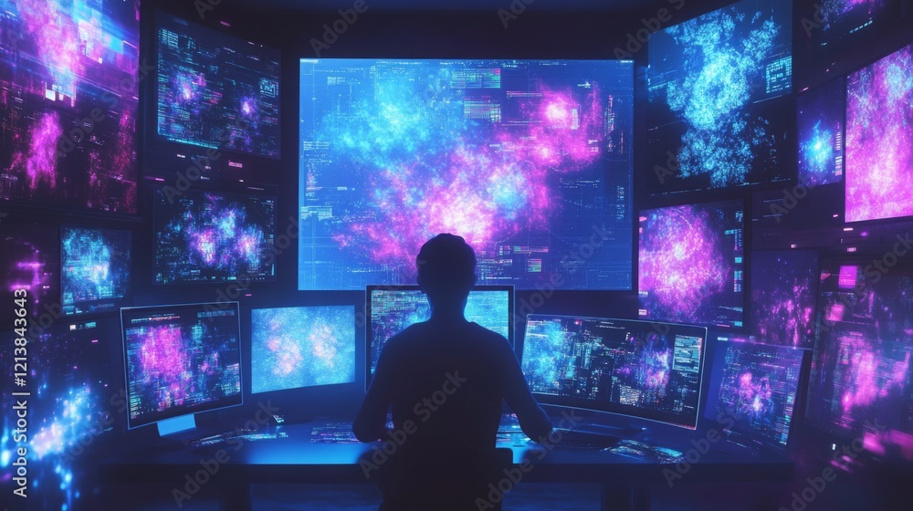 Poster In a dimly lit control room, an individual sits at a desk surrounded by several large screens displaying colorful data visualizations and cosmic imagery, working late into the night on analysis.