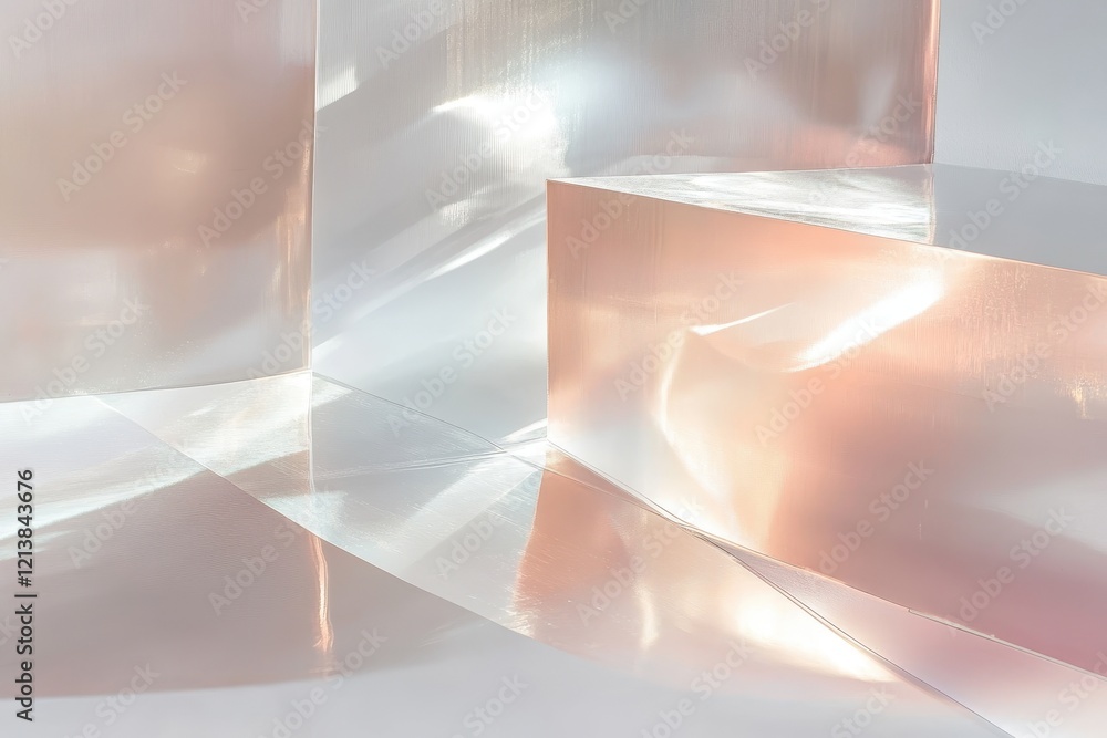 Poster reflective surfaces create an ethereal light play in a minimalist artistic arrangement. generative a