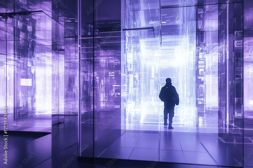Poster exploring the ethereal realm of a futuristic digital space at twilight. generative ai
