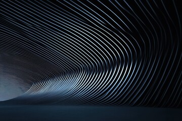 Curving lines and waves create a mesmerizing atmosphere in a dimly lit corridor. Generative AI