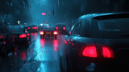Car windshield with rain drops and frameless wiper blade,Traffic Jam with raining in evening day in the city,Drops of water on the car after rainy,outside car,Raindrops falling on a glass droplets.