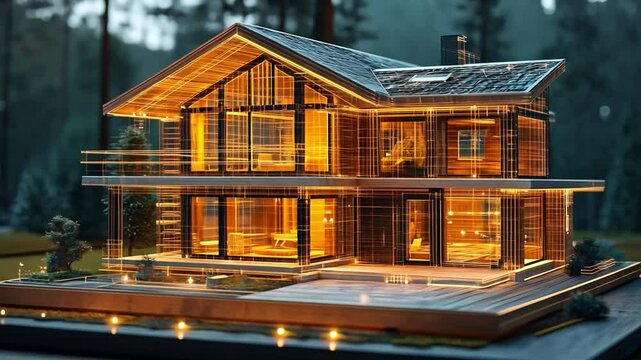 Modern Mountain Chalet at Night: A stunning architectural rendering of a luxurious, modern mountain chalet illuminated at night. Large windows showcase a warm interior.