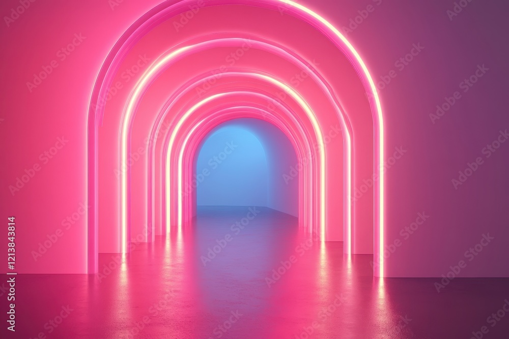 Poster vibrant neon arches create a mesmerizing passageway in a modern art installation with soft reflectio