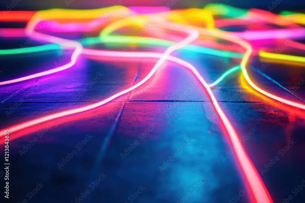 Poster vibrant neon lights twist and turn across a reflective surface in an artistic display during a night