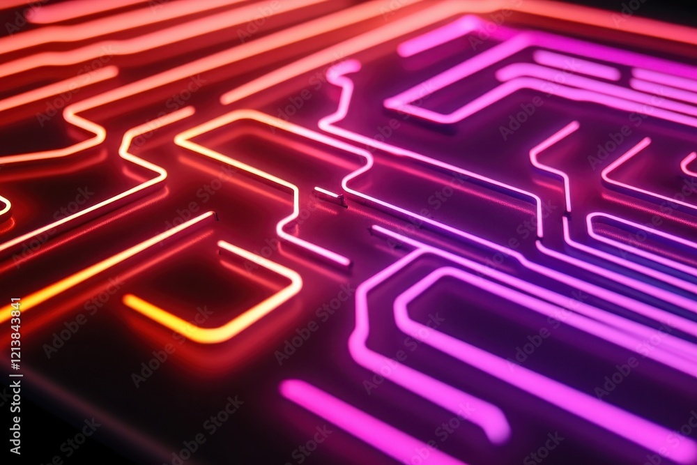 Poster bright neon circuit board illuminated in shades of pink and orange creating a futuristic ambiance in