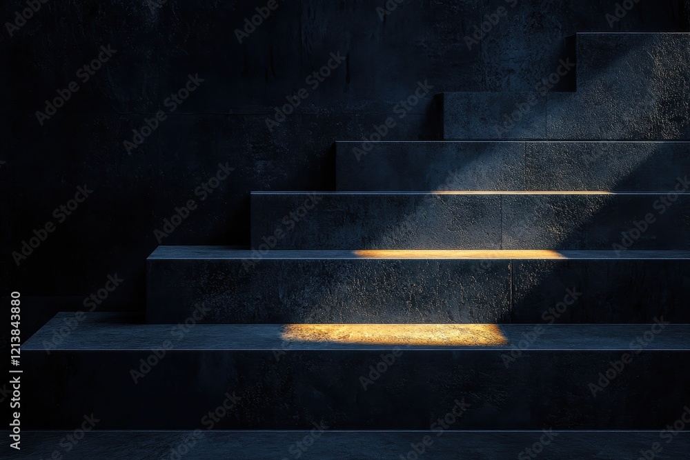 Poster soft light cascades down dark steps, creating a dramatic interplay of shadows and illumination in a 