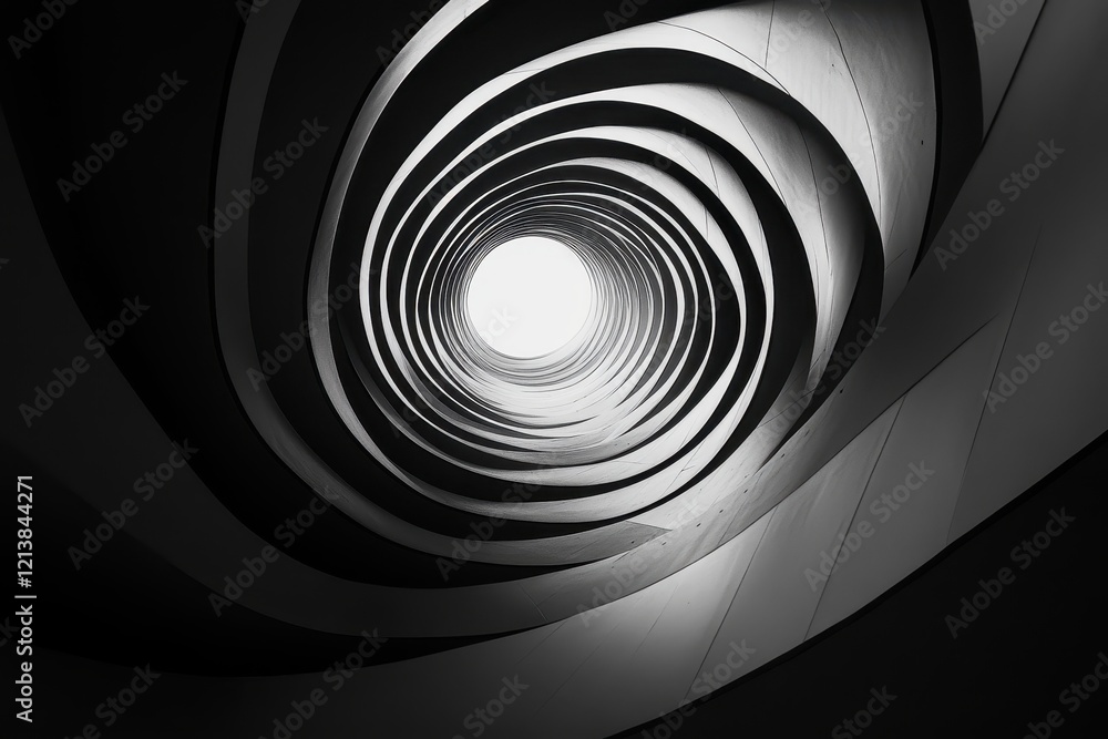 Aufkleber curved spiral pathway leading to bright light with intricate patterns and shadows. generative ai