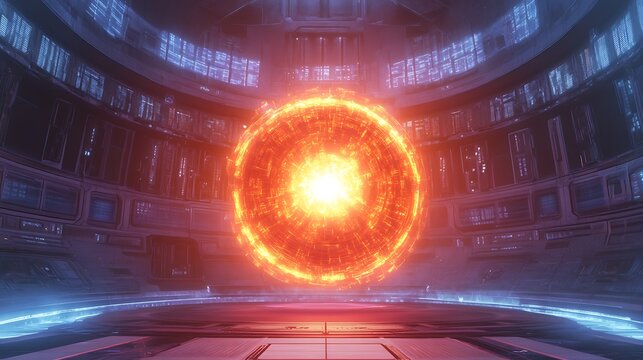 Glowing energy core inside a futuristic tech setting with floating data visuals
